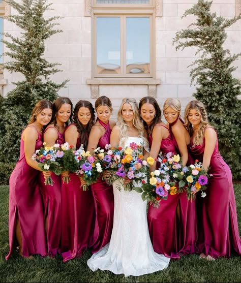 Wedding Color Schemes Hot Pink, Fusia Wedding Theme, Magenta Bridesmaids Dresses, Raspberry Pink Bridesmaid Dresses, Vibrant Color Wedding Theme, Rasberry Bridesmaid Dresses, Spring 2026 Wedding, Fuscia Wedding Palette, Vibrant Wedding Theme