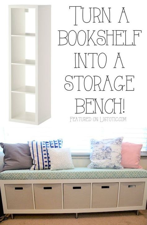 20 Creative Furniture Hacks :: Turn a bookshelf into a cute storage bench! - Perfect for the mudroom Koti Diy, Awesome Furniture, Ikea Bookshelves, Smart Tiles, Bookshelf Storage, Decor Ikea, Best Ikea, Furniture Hacks, Creative Furniture