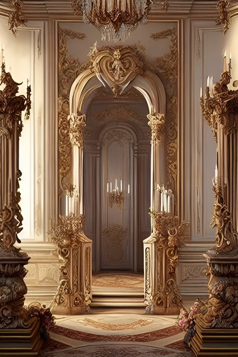 Royal Palace Background, Palace Interior Concept Art, Golden Palace Aesthetic, White And Gold Castle Aesthetic, Castle Hallway Background, Palace Bedroom Fantasy Art, Royal Background, Royal Wallpaper, Royal Room