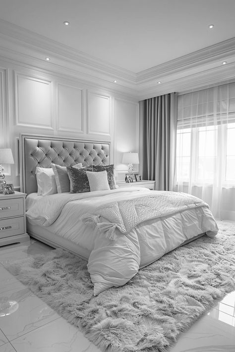 Gray White And Gold Bedroom, Chavvy Room, Chavvy Bedroom, Bedroom Ideas Silver, Grey Room Ideas Bedroom, New House Ideas, Big White House, Grey And White Room, Room Ideas For Couples