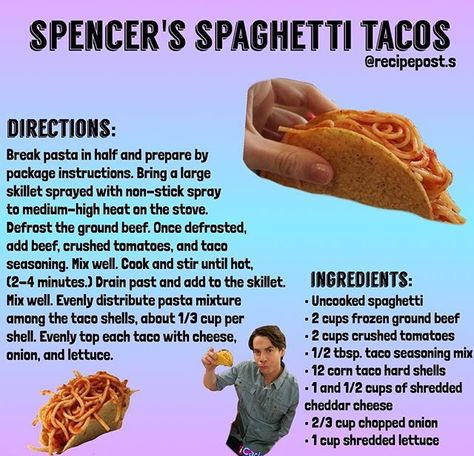 Spencer’s Spaghetti Tacos Recipe Spaghetti Tacos Recipe Icarly, Icarly Spaghetti Tacos, Spaghetti Tacos Icarly, Movie Meals, Spaghetti Tacos, Cartoon Recipe, Cool Recipes, Disney Themed Food, Homemade Recipe Books