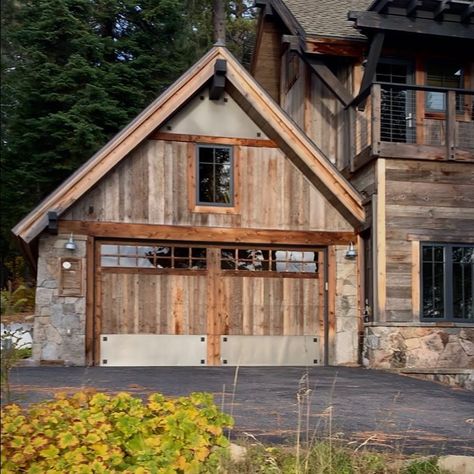 @truckeeoverheaddoor on Instagram: “.......Clad with Reclaimed Wood and Zinc Steel kick plates this garage door carries out the Rustic theme of this home built by our friends…” Wood Beam Above Garage Door, Rustic Garage Doors, Rustic Garage, Cabin Garage, Door Kick Plates, Cabin Mansion, Doors Ideas, Wood Garage Doors, Rustic Exterior