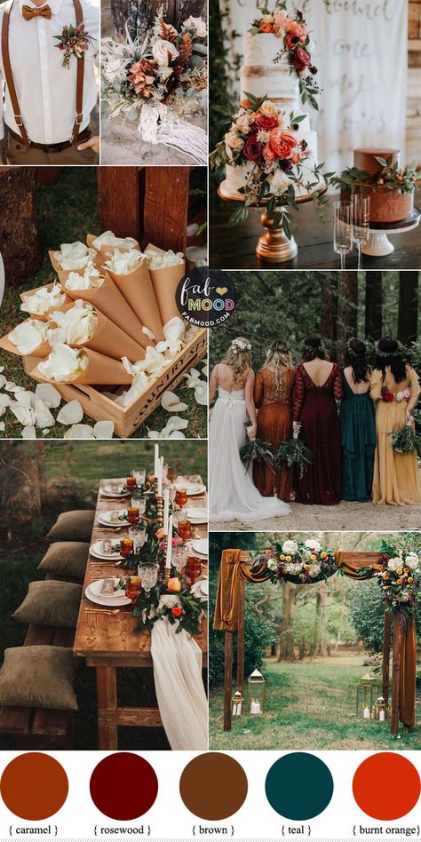 Fall wedding colors 2020 { burnt orange + teal +brown } #fall #autumn #wedding mix matched bridesmaid dress fall wedding Autumn Wedding Dress Bridesmaid, Earth Tone Wedding, Fall Wedding Color Schemes, Fall Bridesmaid Dresses, Wedding Themes Fall, Wedding Palette, Wedding Theme Colors, Orange Wedding, Fall Wedding Colors