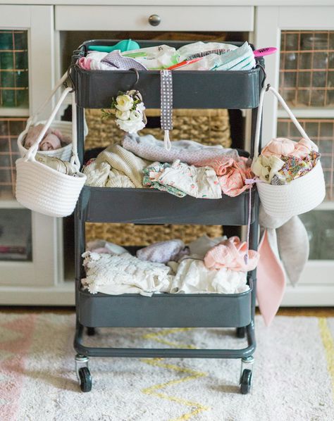 Making life easier with a new baby is the name of the game. Mom blogger Lexi of Glitter, Inc. shares a DIY new baby changing station using everyone's favorite Ikea RÅSKOG Cart. #diy #ikeahack #ikeacart #ikearaskogcart #babychangingstation #babychangingcart #changingstation #changingcart #diaperorganization #baby #newbaby | Click through for the details. | glitterinc.com | @glitterinc Ikea Changing Table Repurpose, Changing Table Repurpose, Ikea Changing Table, Raskog Ikea, Ikea Nursery Hack, Ikea Raskog Cart, Raskog Cart, Nursery Hacks, Ikea Cart