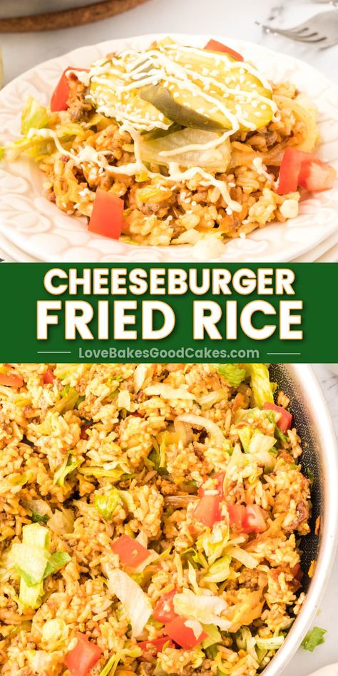 Enjoy Cheeseburger Fried Rice, a fusion dish with flavors of a classic burger & fried rice. Perfect comfort food for family dinners. Leftover Rice Recipes, Food For Family, Flexitarian Recipes, Classic Burger, Dinner Favorites, Leftover Recipes, Movie Bloopers, Fusion Dishes, Savory Meals