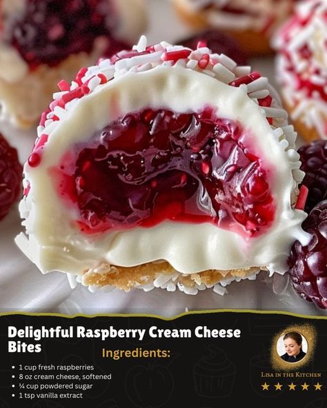 Daily Recipes and Tips 😋 The Original | 🍓 Delightful Raspberry Cream Cheese Bites 🍰 | Facebook White Chocolate Raspberry Cheese Balls, Cream And Berry Filled Pastry Balls, Raspberry Cream Cheese Bites, White Chocolate Raspberry Cheesecake Balls, Cream Cheese Fudge Recipe, Easy Mini Desserts Recipes, Raspberry Bites, Cream Cheese Bites, Raspberry Cheesecake Bites