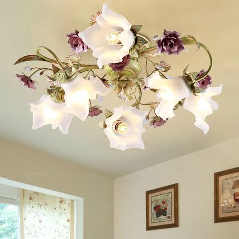 Romantic Opal Glass Semi Flush Light With Green Flower Design - 6 Heads Spiral Ceiling Flower Theme Room, Floral Ceiling Light, Flower Light Fixture, Flower Ceiling Lamp, Cute Chandelier, Light Green Rooms, Vintage Flower Lamp, Flower Ceiling Light, Glass Flower Light Fixture