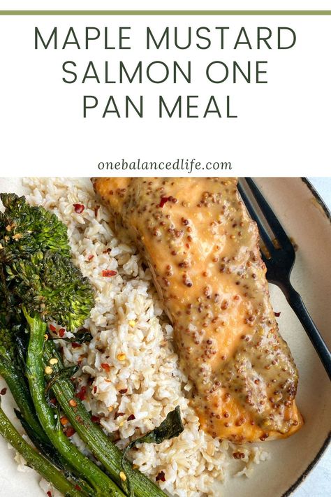 There’s nothing better than a meal that can come together on one pan. This Maple Mustard Salmon One Pan Meal will be your new favorite easy weeknight dinner. I love the sweet and savory combo of the maple mustard sauce on the salmon which really balances out with the basmati rice (not on the pan, but still works) and roasted veggies. #HealthyRecipes #OnePanMeals Honey Mustard Sheet Pan, Mustard Sauce For Salmon, Whole Salmon Recipe, Maple Mustard Sauce, Maple Mustard Salmon, Broccolini Recipe, Basmati Rice Recipes, Roasted Broccolini, One Pan Meal