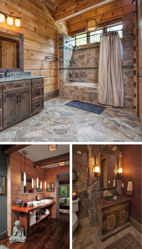 Modern Rustic Bathroom Ideas Master Bath, Rustic Bathroom Flooring Ideas, Rustic Shower Ideas Bathroom, Rock Bathroom Ideas, Wood Tile Shower Ideas, Rustic Shower Tile, Stone Shower Ideas, Rustic Walk In Shower Ideas, Cabin Bathroom Remodel