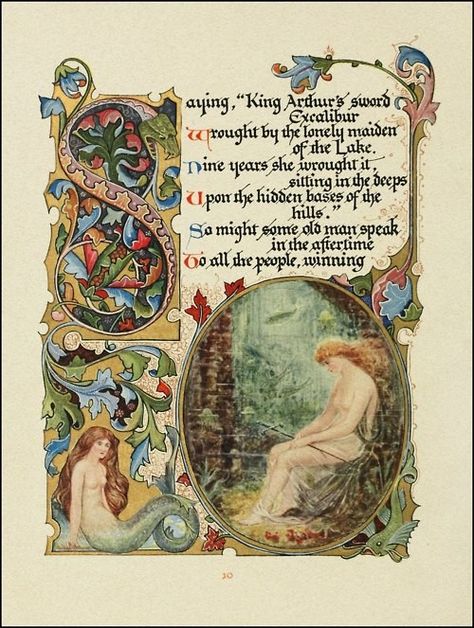 Alberto Sangorski, The Lady Of The Lake, Illustration Art Nouveau, Alfred Lord Tennyson, Roi Arthur, Lady Of The Lake, Arthurian Legend, Medieval Books, Illumination Art