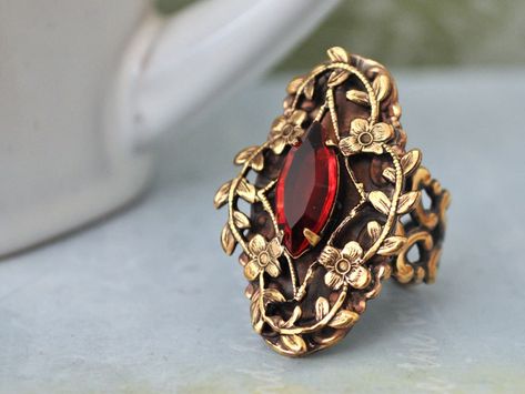 DARK VICTORIAN Victorian Style Floral Pattern Brass Ring - Etsy Dark Victorian, Ring With Ruby, Ruby Red Color, Bijoux Art Nouveau, Pink Swarovski, Fashion Jewelry Sets, Victorian Jewelry, Brass Ring, Fantasy Jewelry