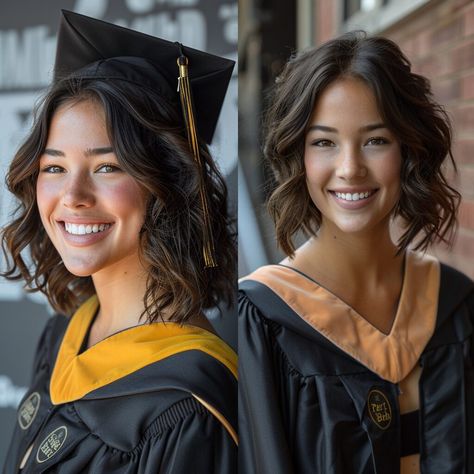 45 Easy Graduation Hairstyles to Try With Cap Graduation Hair For Short Hair, Short Hair For Graduation, Graduation Short Hairstyles With Cap, Graduation Cap With Short Hair, Short Hair Graduation Picture, Short Hair With Graduation Cap, Graduation Hair Ideas Grad Cap, Graduation Hairstyles With Cap Medium, Graduation Hair Short