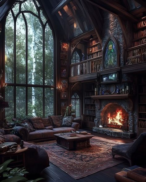 Witch Cabin, Gothic Fireplace, Witches Castle, Castle Rooms, Cabin Inspiration, Black Castle, Magical Home, Fantasy House, Fantasy Story