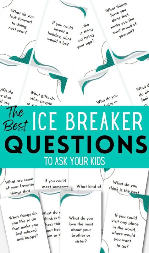 Image of conversation cards with text "Ice breaker questions to ask your kids" Ice Breaker Questions For Kids, Fun Ice Breaker Questions, Questions To Ask Your Kids, 50 Questions To Ask, Questions For Kids, Ice Breaker Questions, 50 Questions, Christian Motherhood, Kids Talking