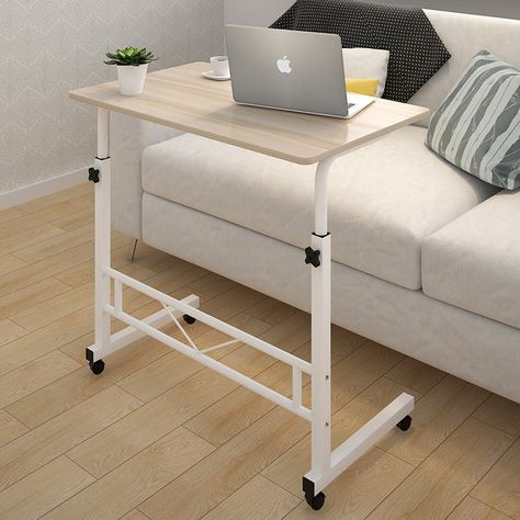 Adjustable Portable Sofa Bed Side Table Laptop Desk with Wheels (White Frame) Folding Computer Desk, Desk Simple, Adjustable Computer Desk, Mobile Table, Simple Mobile, Portable Desk, Simple Desk, Bedroom Desk, White Side Tables