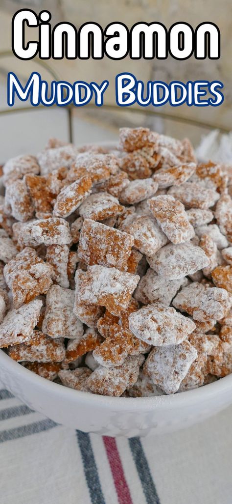 Looking for an amazing party snack? Give these Cinnamon Churro Chex Muddy Buddies a try! Easy to make, so addictive, enough for a crowd on game day or even great for a sweet treat in a lunchbox. Churro Muddy Buddies, Churro Puppy Chow, Chex Cereal Treats, Chex Muddy Buddies, Puppy Chow Recipe, Party Mix Snacks, Chow Recipe, Muddy Buddies Recipe, Puppy Chow Recipes