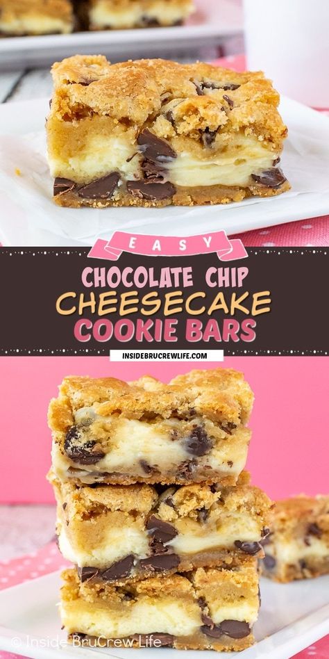 Chocolate Chip Cheesecake Bars Pillsbury, Choc Chip Cheesecake Bars, Chocolate Chip Cheesecake Cookies Recipe, Cookie Crust Cheesecake, Chocolate Chip Cookie Cheesecake Bars, Cheesecake Cookie Bars, Chocolate Chip Cookie Dough Cheesecake, Cheesecake Baked, Cheesecake Cookies Recipes