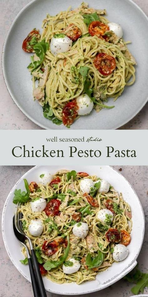 Creamy, cheesy, and tastes like summer! Chicken pesto pasta is a staple in our kitchen. Roasted cherry or grape tomatoes get tossed with pesto sauce, mascarpone, rotisserie chicken, and bocconcini (little mozzarella balls!) for a quick weeknight pasta dish that is packed with flavor! #wellseasonedstudio #pasta #pesto #pestosauce #arugula #arugulapesto #basilpesto #chickenpesto #chickenpestopasta #pastaphotography #foodphotography #pastastyling #foodstyling #summerpasta #pastarecipe #bocconcini # Pasta With Rotisserie Chicken, Chicken Pesto Pasta, Creamy Pesto Chicken Pasta, Weeknight Pasta, Creamy Pesto Pasta, Homemade Pesto Sauce, Mozzarella Balls, Mozzarella Pasta, Summer Chicken