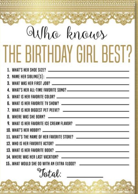 Who knows the birthday girl the best you can print these as a party game of just call the off your device Birthday Party Game Ideas, Teen Girl Birthday Party, Girls Birthday Party Games, Sweet 16 Party Themes, 14th Birthday Party Ideas, Birthday Sleepover Ideas, Sweet Sixteen Birthday Party Ideas, Sleepover Birthday Parties