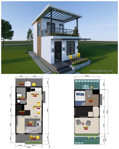 Welcome to this remarkable small house. With its compact size of 4 x 7 meters and two storeys, this house offers a clever use of space and a total floor area of 55sqm. Tiny Two Story House Plans, Two Story Small House, Small Two Story House Design, Two Storey Small House Design, Small Two Story House Plans, Two Storey Tiny House, Compound House, Small House Blueprints, Small Modern House Plans