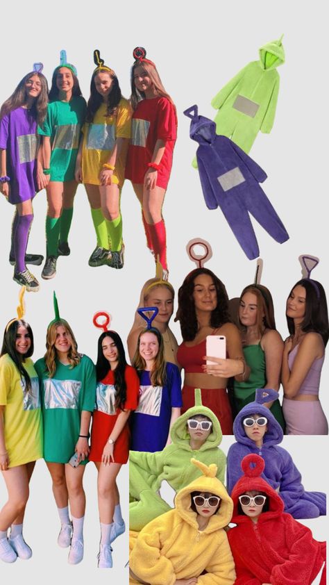 Teletubbies Teletubbies Halloween Costume, Rave Group Outfits, Black Hair Halloween Costumes, Halloween Rave Outfits, Rave Halloween Costumes, Halloween Costumes Women Scary, Teletubbies Costume, Carnaval Outfit, Trio Halloween Costume