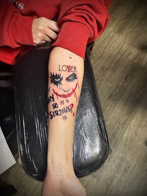 Jokers tattoo, why so serious, ha ha ha ha, joker, lover, loser, IT Joker Arm Tattoo, Joker Tattoo Ideas For Men, Lover Loser Tattoo, Joker Smile Hand Tattoo, Joker Smile Tattoo, Why So Serious Tattoo, Tato Joker, Realm Designs, Joker And Harley Tattoo