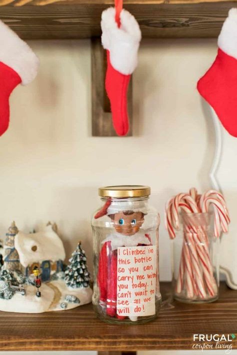 Elf On The Shelf Mason Jar, Good Deed Elf On The Shelf Ideas, Elf On The Shelf In Jar To Carry, Elf On A Shelf In A Jar, Take Me With You Elf On The Shelf, Elf Lost His Magic Shelf Ideas, Traveling With Elf On The Shelf, Elf On Shelf Travel Ideas, Travel With Elf On The Shelf