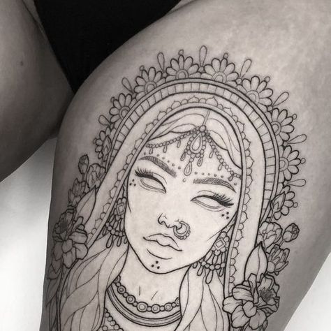 Laura May Gascoyne on Instagram: "Lines today on this beautifully adorned Indian lady for Natasha 🙏 See you in a few weeks for the shading, can’t wait! . . #tattoo #tattoos #customtattoo #tattooideas #thightattoo #girlswithink #girlswithtattoos #ladytattoo #ornamentaltattoo #lineworktattoo #blacktattoo #blackink #blxckink #blackinkedart #iblackwork #blackworkers #blackworkerssubmission #killerink #barberdts #londontattoo" Indian Leg Tattoos For Women, Woman Indian Tattoo, Indian Girl Tattoo, Indian Heritage Tattoo, Indian Lady Tattoo, Kali Tattoo, Laura May, London Tattoo, Line Work Tattoo