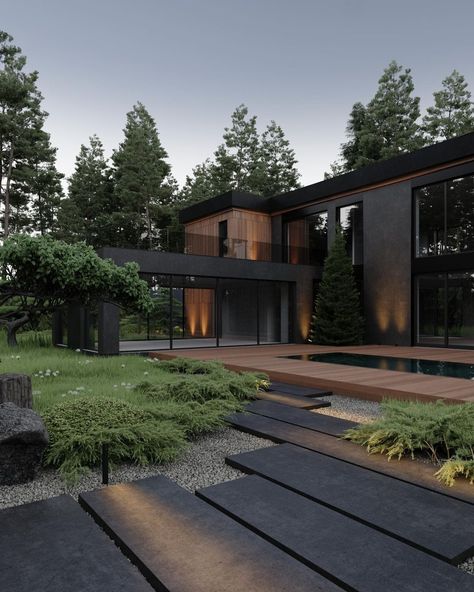 Modern Cottage Landscaping, Black Mountain House, Villa In Forest, Modern House In The Forest, Organic Modern House, Stephen Tsymbaliuk, Landed House, Bedroom Architecture, Mountain Interiors