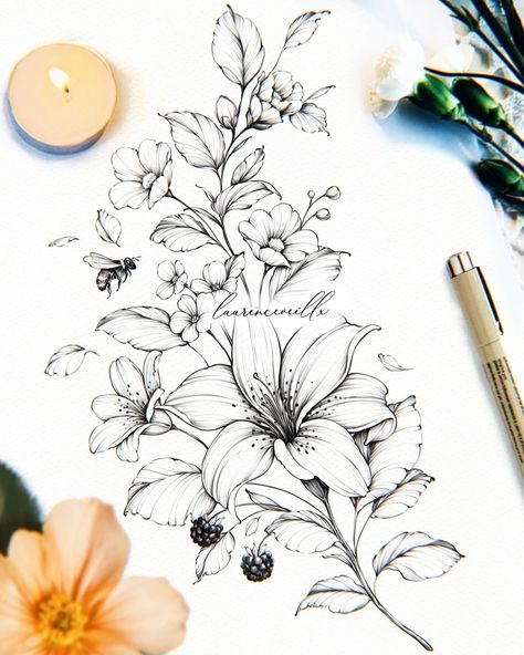 Bee Floral Tattoo, Floral Tattoo Drawing, Botanisches Tattoo, Lilies Drawing, Tattoo Zeichnungen, Meaningful Tattoos For Women, Drawing Stencils, Tattoo Ideas For Women, Lily Tattoo