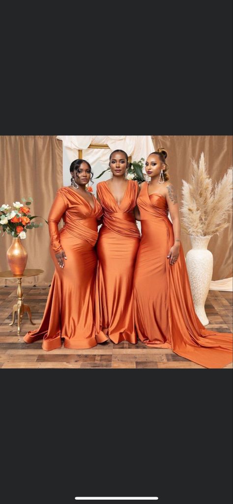 Orange And Gold Wedding Dress, Plus Size Brides Maids Dresses, Fall Bridesmaid Dresses Plus Size, Honey Bridesmaid Dresses, Orange Bridesmaid Dresses Black Women, Burnt Orange Bridesmaid Dresses Black Women, Braid Maids Dresses, Fall Wedding Colors Black People, Wedding Color Schemes Black People