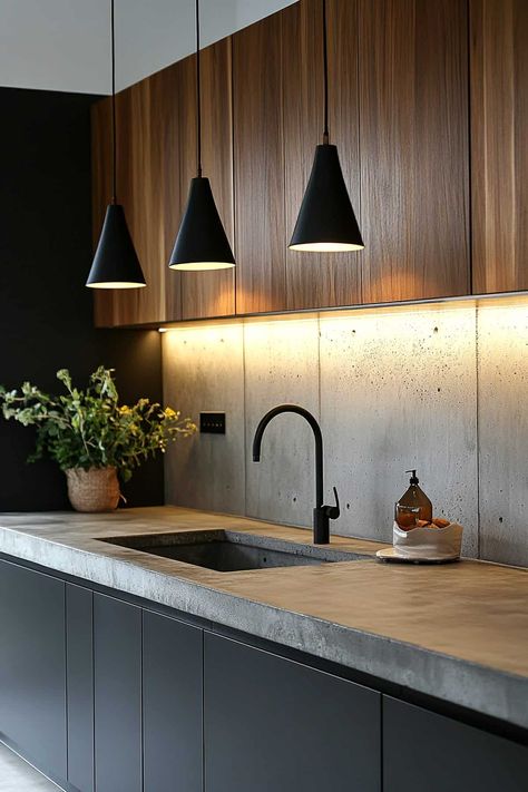 50 Modern Concrete Kitchen Ideas (That Break Design Rules) Concrete Kitchen Design Ideas, Concrete Look Benchtop Kitchen, Small Cement Kitchen Ideas, Concrete Black Kitchen, Wood And Cement Kitchen, Concrete Kitchen Backsplash, Wood Concrete Kitchen, Cement Interior Design, Cement Kitchen Island