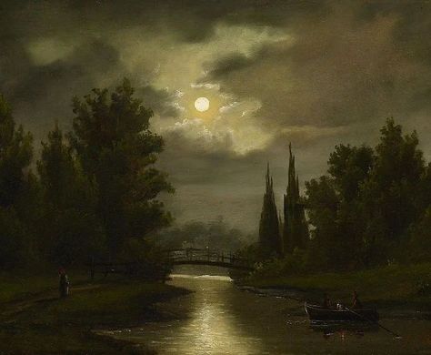 Louis Douzette, Moonlight Landscape, Famous Landscape Paintings, German Landscape, Oil Pastel Landscape, Dark Paintings, Landscape Vintage, Moonlight Painting, Dark Landscape