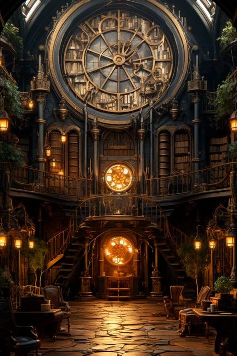 Steampunk Aesthetic Background, Clocktower Concept Art, Steampunk Library, Steampunk Architecture, Art Deco Ideas, Steampunk City, Steampunk Aesthetic, Steampunk Tendencies, Dnd Dragons