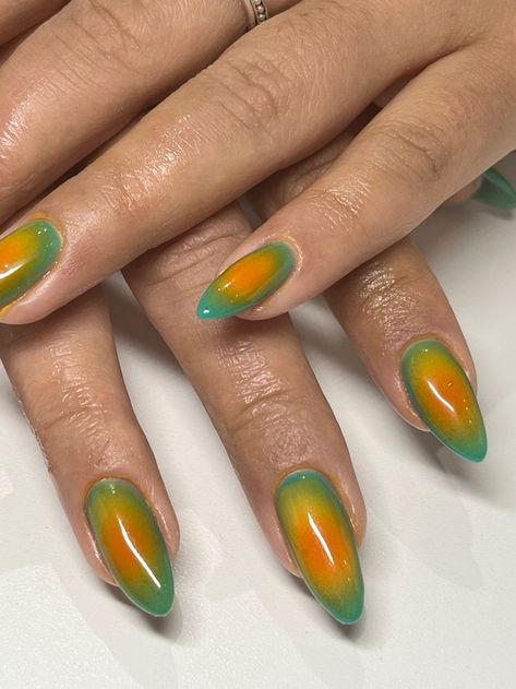 Blue And Orange Aura Nails, Funky Chrome Nails, Aura Nails Orange, Heart Nail Art Tutorial, Orange Aura Nails, Art Tutorial For Beginners, Aura Nails, Mens Nails, Airbrush Nails