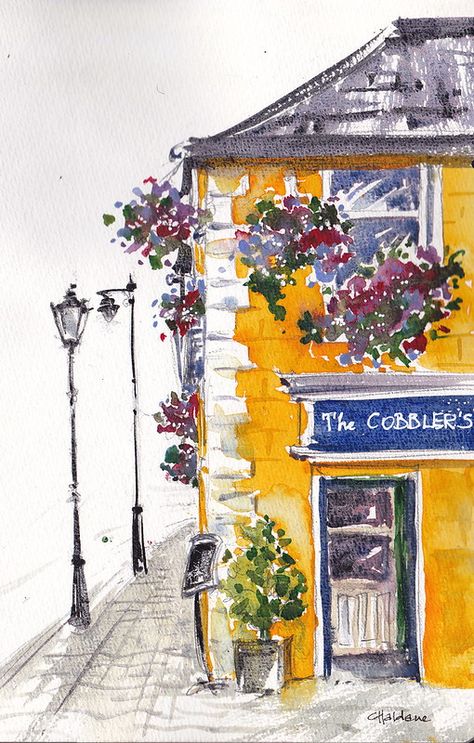 Westport Ireland, Baskets Of Flowers, Town Drawing, Watercolor House Painting, Watercolor Beginner, Watercolor Architecture, Diy Watercolor Painting, Painting Art Lesson, Watercolor Landscape Paintings