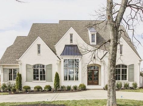 New Construction Season: Exterior Inspiration | Bria Hammel Interiors European Cottage Exterior, Front Driveway, European Cottage, Cottage Exterior, Casas Coloniales, Exterior Paint Colors For House, Shutters Exterior, White Brick, Farmhouse Exterior