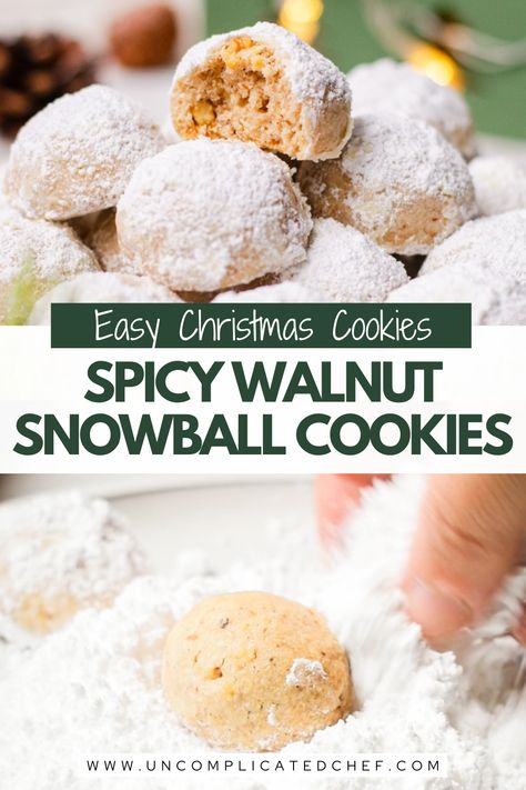 An image of Walnut Snowball Cookies on a white plate Walnuts Cookies Christmas, Walnut Snowball Cookies Recipe, Snowball Cookies With Walnuts Recipe, Walnut Christmas Treats, Walnuts Cookies Recipe, Walnut Balls Cookies, Raspberry Snowball Cookies, Recipes Using Walnuts Baking, Walnut Cookies Recipes Easy