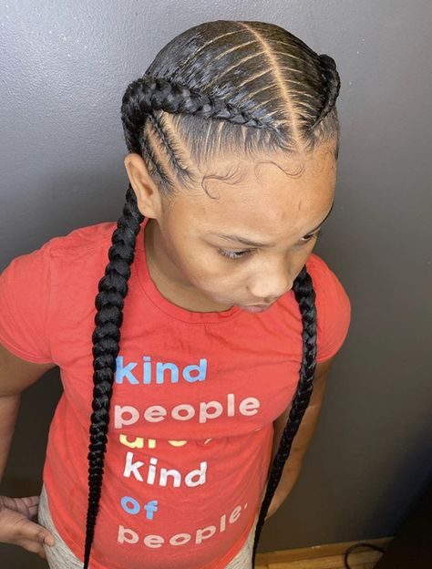 Kids Stitch Braids Cornrows, Kids 2 Braids Hairstyles Black, Dutch Feed In Braids, Feed In Braids Hairstyles For Kids, Kid Stitch Braids, Big Braids For Kids, Kid Feed In Braid Styles, Toddler Feed In Braids, Mixed Girl Hairstyles Kids Braids