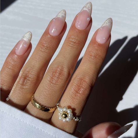 Minimal Pearl Nails, Pearl French Nails, Pearl French Tip Nails, Dance Nails, Grad Nails, Bridesmaid Stuff, Bridesmaids Nails, Short French, Baddie Nails