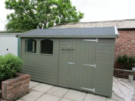 Painted Sheds - Choose Your Colour | Olympian Garden Buildings Sage Green Shed, Green Sheds Painted, Painted Sheds Ideas Colour, Painted Sheds, Shed Paint Colours, Painted Garden Sheds, Garden Sheds Uk, Farmhouse Sheds, Summer House Design