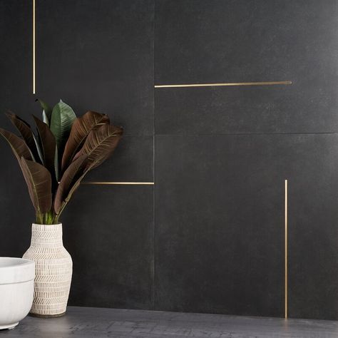 Black Backsplash, Matte Porcelain Tile, Brass Inlay, Ivy Hill Tile, Black Tiles, Commercial Flooring, Tile Work, Porcelain Flooring, Black Wall