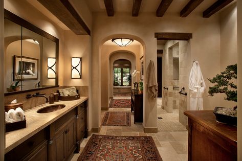 7 Elements of Modern Mediterranean Bathrooms Mediterranean Bathroom Design Ideas, Trending Bathroom Colors, Tuscan Bathroom, Mediterranean Home Interior, Mediterranean Bathroom, Mediterranean Luxury, Mediterranean Interior, Themes Ideas, Tuscan Design