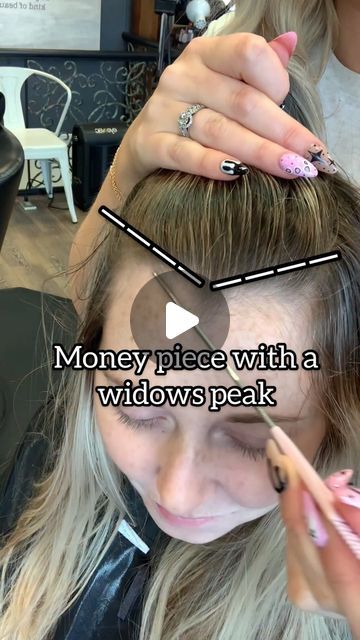 Money Piece Long Bangs, Short Hair Styles Widows Peak Women, Curly Hair With Widows Peak, Money Piece In Black Hair, Shoulder Length Hair Widows Peak, Money Pieces Side Part, How To Dye Front Pieces Of Hair, Money Piece Step By Step, Money Bangs Hair Blonde