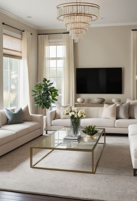 This contemporary living room’s beauty is elevated through its sophisticated neutral palette and sleek, plush furnishings. The subtle metallic accents and soft lighting add a touch of luxury, creating a space that feels both elegant and inviting, perfect for both relaxation and entertaining. Classy Comfy Living Room, Shea Mcgee Style Living Room, Chrissy Marie Blog Living Room, Beige White Gold Living Room, Neutral Living Room With Gold Accents, Gold And Neutral Living Room, Elegant Contemporary Living Room, Neutral Transitional Living Room, French Inspired Living Room