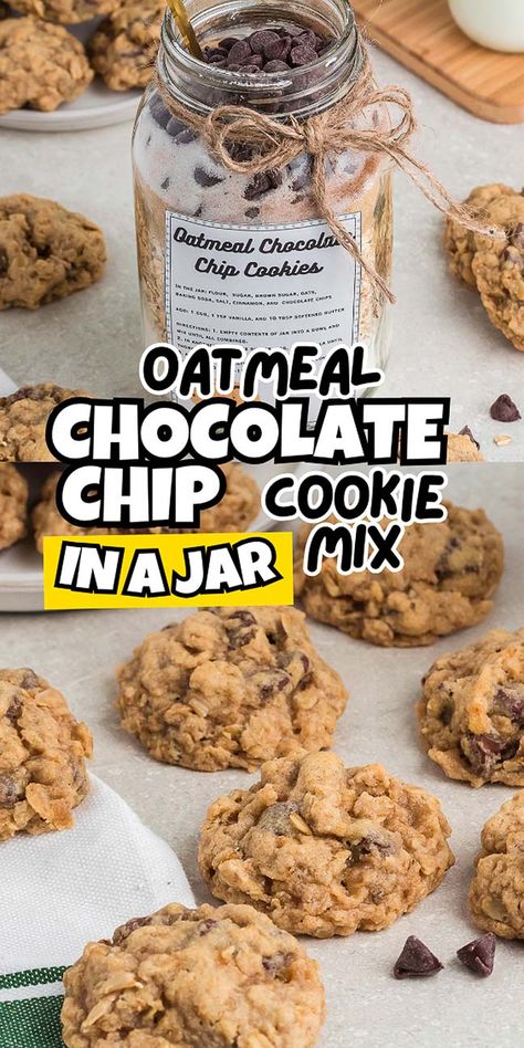 If you’re on the lookout for a great gift for a friend who adores food (especially cookies) or if you just want to simplify your own baking routine for upcoming homemade treats, then this recipe is perfect for you. This charming oatmeal chocolate chip cookie mix in a jar is not only a fantastic gift idea, but the cookies you’ll bake from it are so scrumptious. Trust me, they’re simply irresistible. All you have to do is combine the dry ingredients in a jar, then make the cookies when ready! Homemade Cookie Mix Recipes, Dry Cookie Mix Recipes, Biscuit Mix In A Jar Gift, Dry Ingredients In A Jar Recipes, Oatmeal Cookie Mix Recipes, Mason Jar Recipes Gifts Dry Mixes, Mason Jar Cookie Mix Recipe, Cookies In A Jar Recipe, Cookie Mix In A Jar Recipe