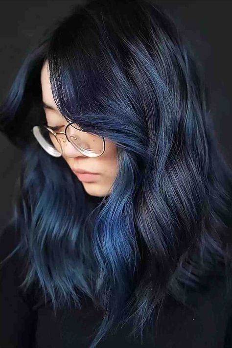 Soft Metallic Blue Money Piece Balayage for Dark Hair with Medium Cut Dark Root Blue Hair, Blue Black Hair With Money Piece, Black Hair Blue Money Piece, Dark Blue Money Piece Hair, Blue Baylage Hair Dark, Money Piece Hair Blue, Winter Blue Hair, Metallic Blue Hair, Blue Money Piece Hair