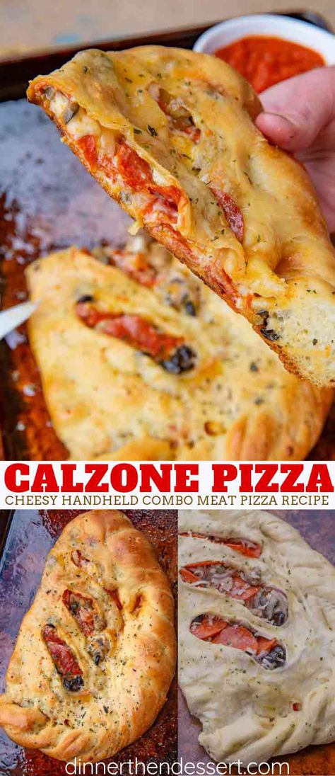 Easy Calzone Pizzas filled with pepperoni, sausage, olives, onions and cheese baked in 20 minutes with a crispy crust and perfect for dipping. #calzone #calzonerecipe #pizza #pepperoni #appetizer #dinner #party #gameday #dinnerthendessert Easy Calzone Recipe, Easy Calzone, Meat Pizza Recipes, Calzone Recipe Easy, Homemade Calzone, White Pizza Recipes, Pizza Pepperoni, Chef Boyardee, Stromboli Recipe