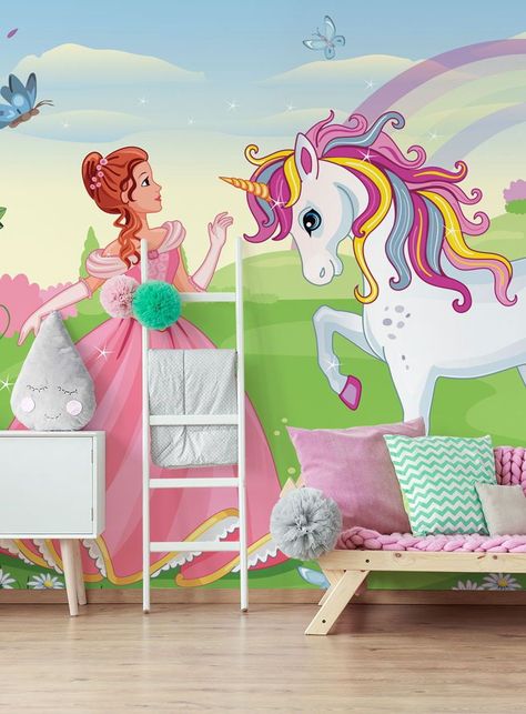 If your child's bedroom is lacking colour and fun, then a children's wallpaper is the answer such as this adorable unicorn wallpaper! Create the perfect girly bedroom by installing this princess wallpaper onto the wall and bringing in pink and white accessories to mirror the shades in this cute wall mural! #girlywallpaper #unicornbedroom Space Themed Wallpaper, Dinosaur Mural, Jungle Mural, Princess Wallpaper, Dinosaur Wallpaper, Bedroom Murals, Unicorn Wallpaper, Fish Wallpaper, Bedroom Wall Colors