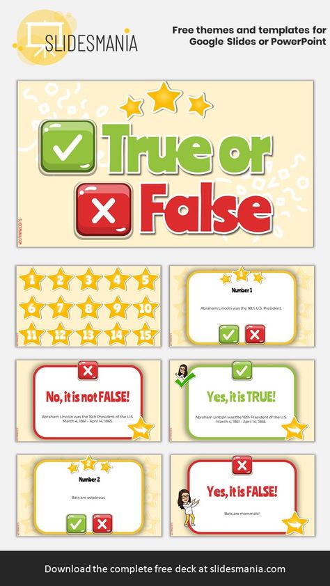 Each star opens a slide with a question or affirmation, where your students can choose to click on True (Green button) or False (Red button). Each button is linked to a slide, the True Button will take you to a “Green” slide, where you can write: “Yes, it is true” and some text or “No, it is not true” and some text. And the False Button will take you to a “Red” slide where you can write: “Yes, it is false”, or “No, it is not false” and some text. Ppt Games Template, Powerpoint Game Templates, Cute Powerpoint Templates, Esl Classroom, Powerpoint Slide Designs, Interactive Classroom, Game Based Learning, True Or False, Powerpoint Design Templates